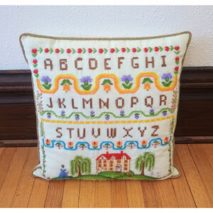 Vintage Finished Bucilla Needlecraft Sampler Decor Throw Pillow 15 X 15 READ